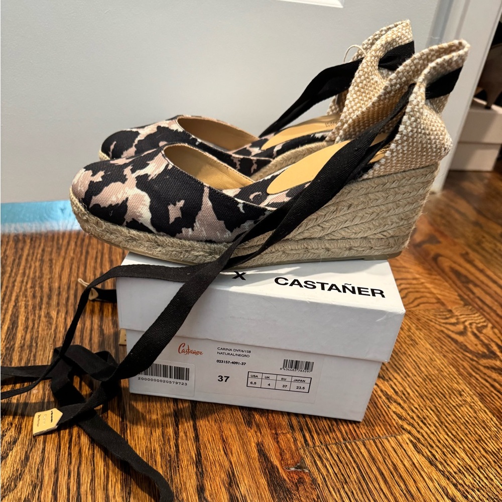 CASTANER X DVF Espadrille Wedge Ankle-Tie Sandal in Black Animal Print - Picture 7 of 8